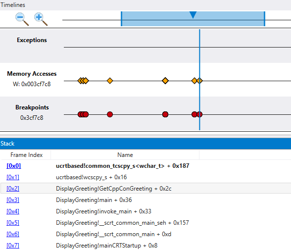 Sequenza temporale nel debugger che visualizza la sequenza temporale di accesso alla memoria e le finestre dello stack.