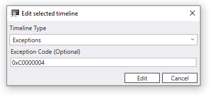 Finestra di dialogo Eccezione del debugger sequenza temporale con tipo di sequenza temporale impostata su eccezione e codice eccezione impostato su 0xC0000004.