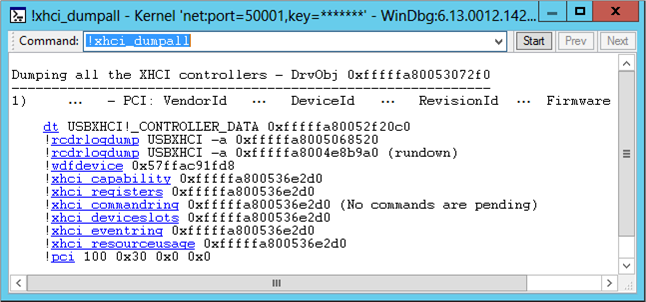 Screenshot dell'output del comando !xhci-dumpall che mostra le informazioni sul controller XHCI.