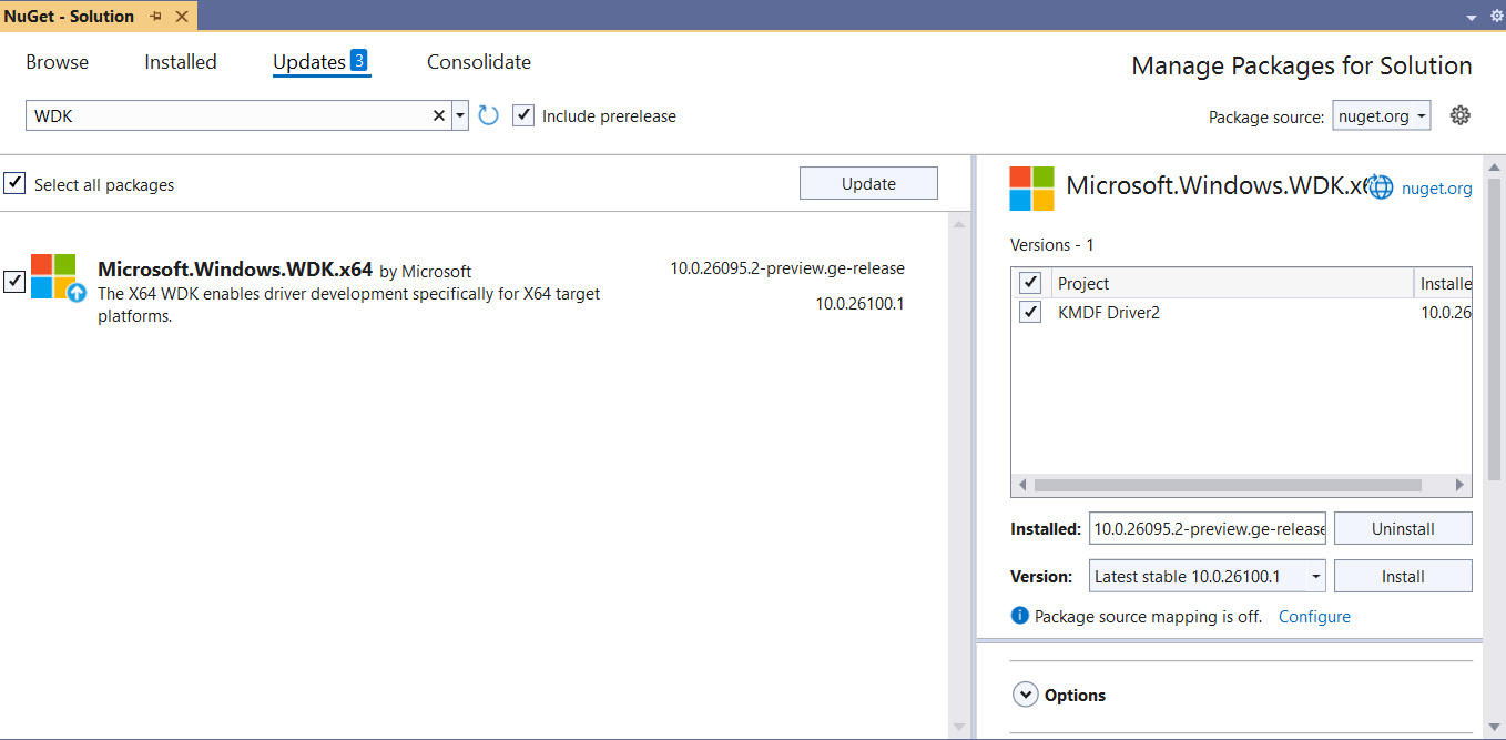 Screenshot dell'aggiornamento dei pacchetti NuGet di Visual Studio con i pacchetti WDK e WDK.