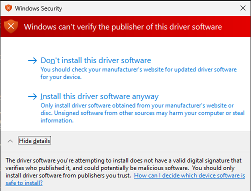 screenshot della finestra di dialogo di sicurezza di Windows per un driver che non dispone di una firma valida.