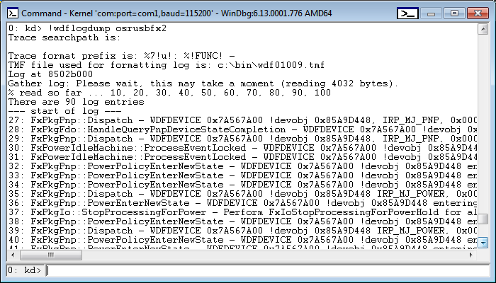 Screenshot dell'output dell'estensione !wdflogdump nella finestra comando WinDbg.