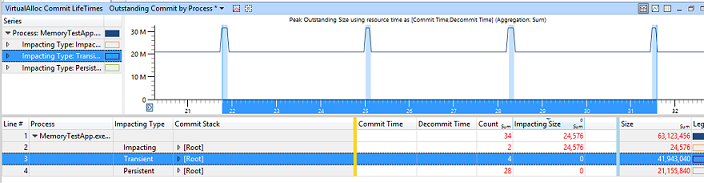 Screenshot del grafico che mostra i dati di utilizzo della memoria usando l'opzione zoom.