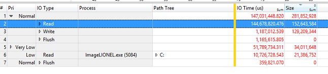 Screenshot dei risultati dei dati di esempio in tabhle con colonne Pri, IO Type, Process, Path Tree, IO Time and Size