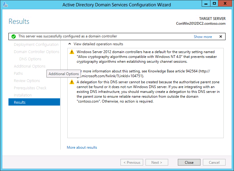 Screenshot della pagina Risultati della Configurazione guidata Dominio di Active Directory Servizi.