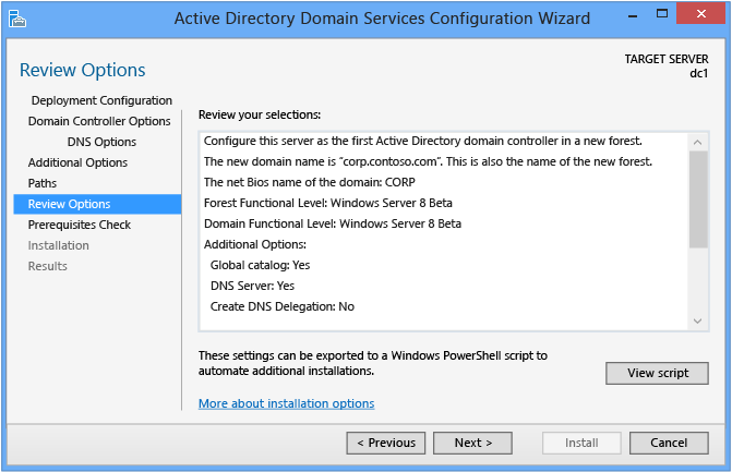 Screenshot che mostra la pagina Verifica opzioni nella configurazione guidata Dominio di Active Directory Services.