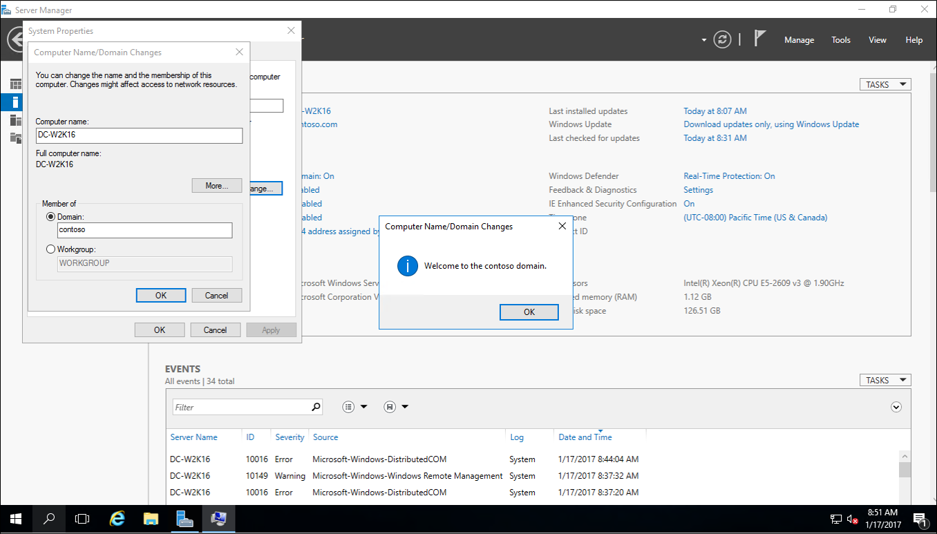 Screenshot di Server Manager che mostra le finestre di dialogo Proprietà sistema e Nome computer/Modifiche al dominio.