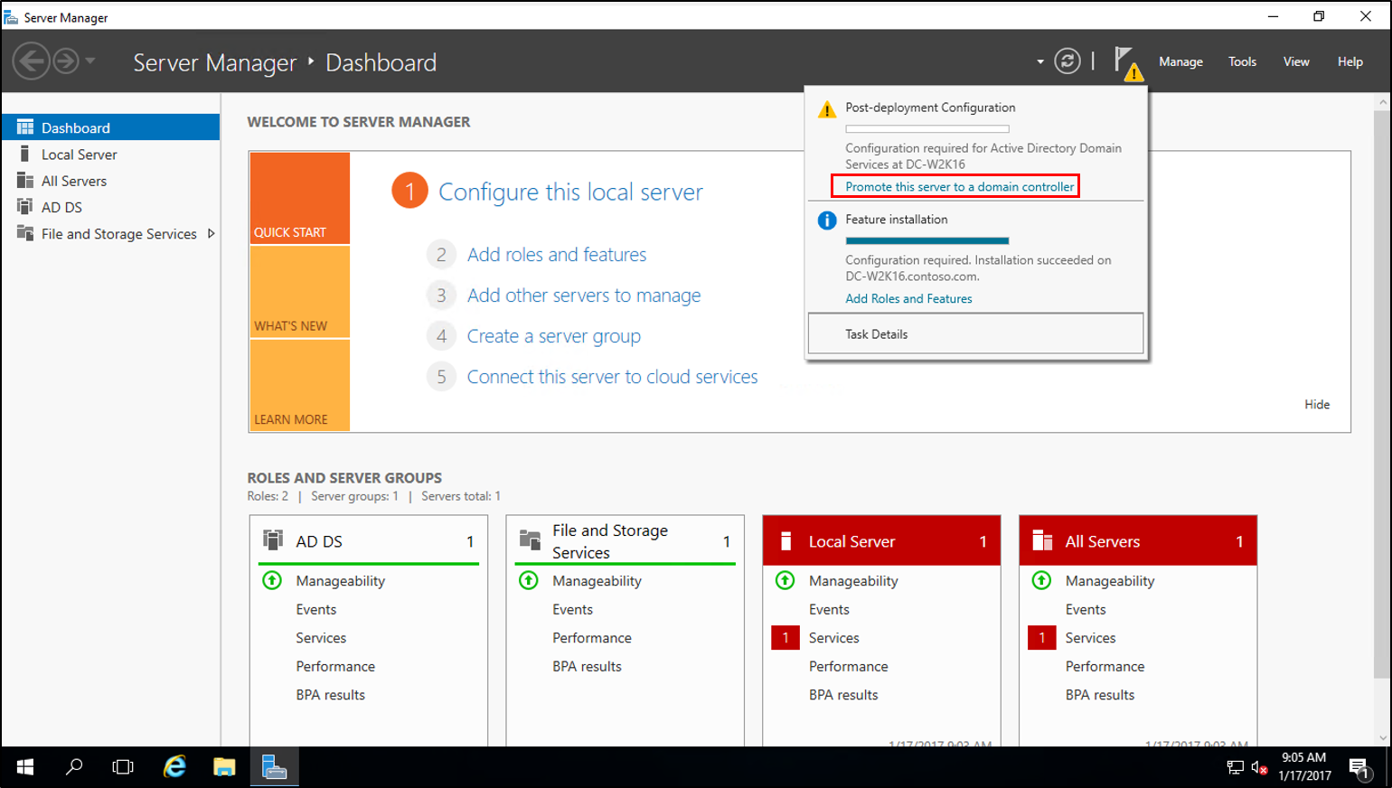 Screenshot della finestra di dialogo Stato configurazione post-distribuzione con l'opzione Alza di livello il server a un controller di dominio evidenziata.