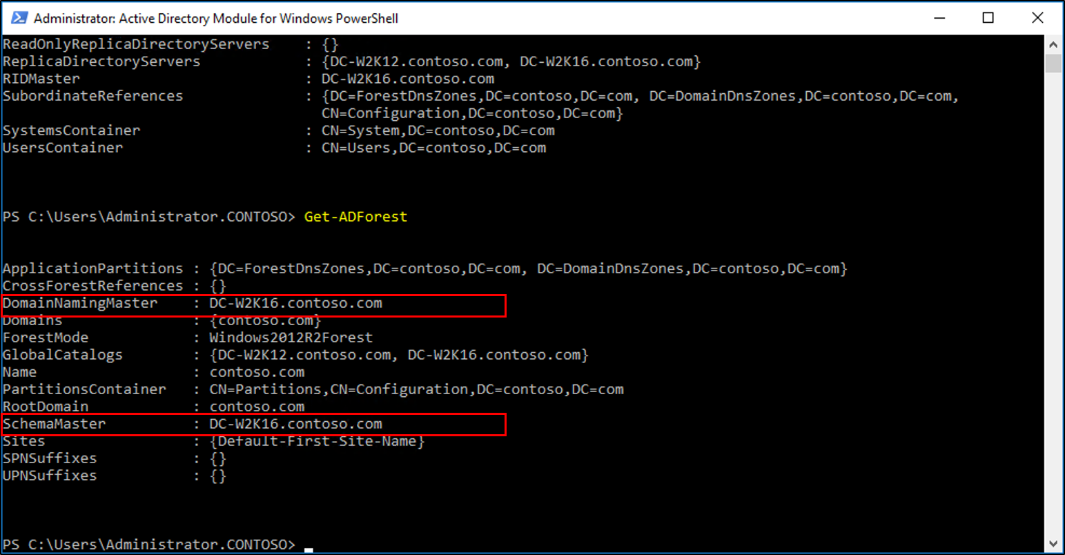 Screenshot della finestra Del modulo di Active Directory per Windows PowerShell che mostra i risultati del cmdlet Get-ADForest con i valori master di denominazione del dominio e master dello schema evidenziati.