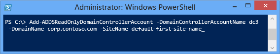 Screenshot della finestra di PowerShell che mostra il cmdlet add-addsreadonlydomaincontrolleraccount completo.