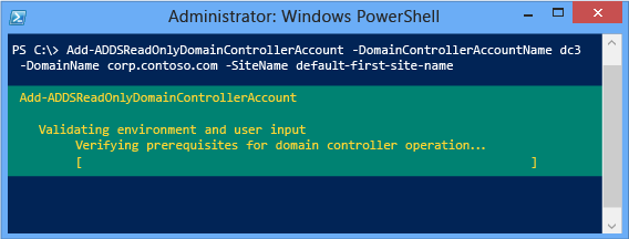 Screenshot della finestra di PowerShell che mostra il risultato del cmdlet Add-addsreadonlydomaincontrolleraccount.