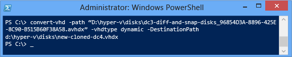 Screenshot di una finestra del terminale che mostra come esportare l'intera catena di snapshot del disco di una macchina virtuale e il disco padre in un nuovo disco singolo denominato DC4-CLONED. VHDX