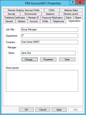 Screenshot che mostra dove immettere le informazioni necessarie negli standard degli oggetti di Active Directory Domain Services.