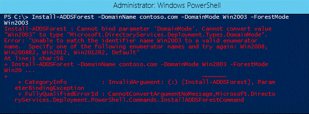 Screenshot di una finestra del terminale che mostra il parametro -DomainMode usato con il cmdlet Install-ADDSForest.