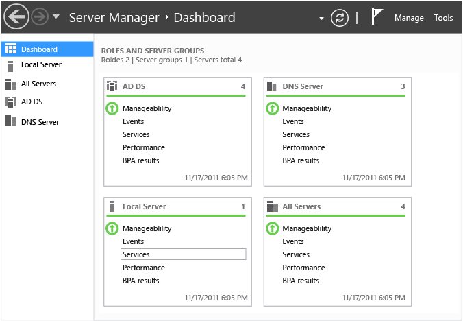 Screenshot che mostra il dashboard di Server Manager.