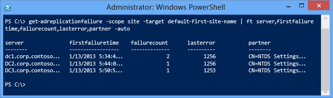 Screenshot che mostra come restituire una visualizzazione tabella per tutti i server in un sito logico di ACTIVE Directory specifico, ordinato per una visualizzazione più semplice e contenente solo i dati più critici.