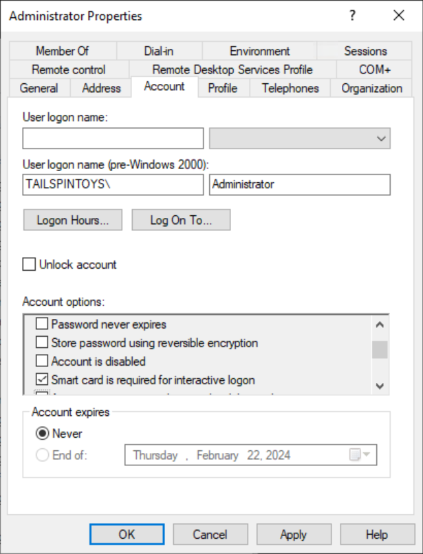 Screenshot che mostra la casella di controllo Smart card necessaria per l'accesso interattivo.