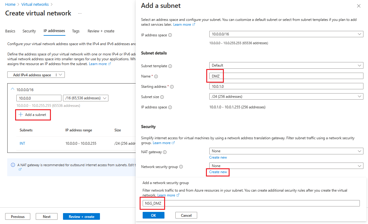 Screenshot che mostra come aggiungere una nuova subnet che include un gruppo di sicurezza di rete.