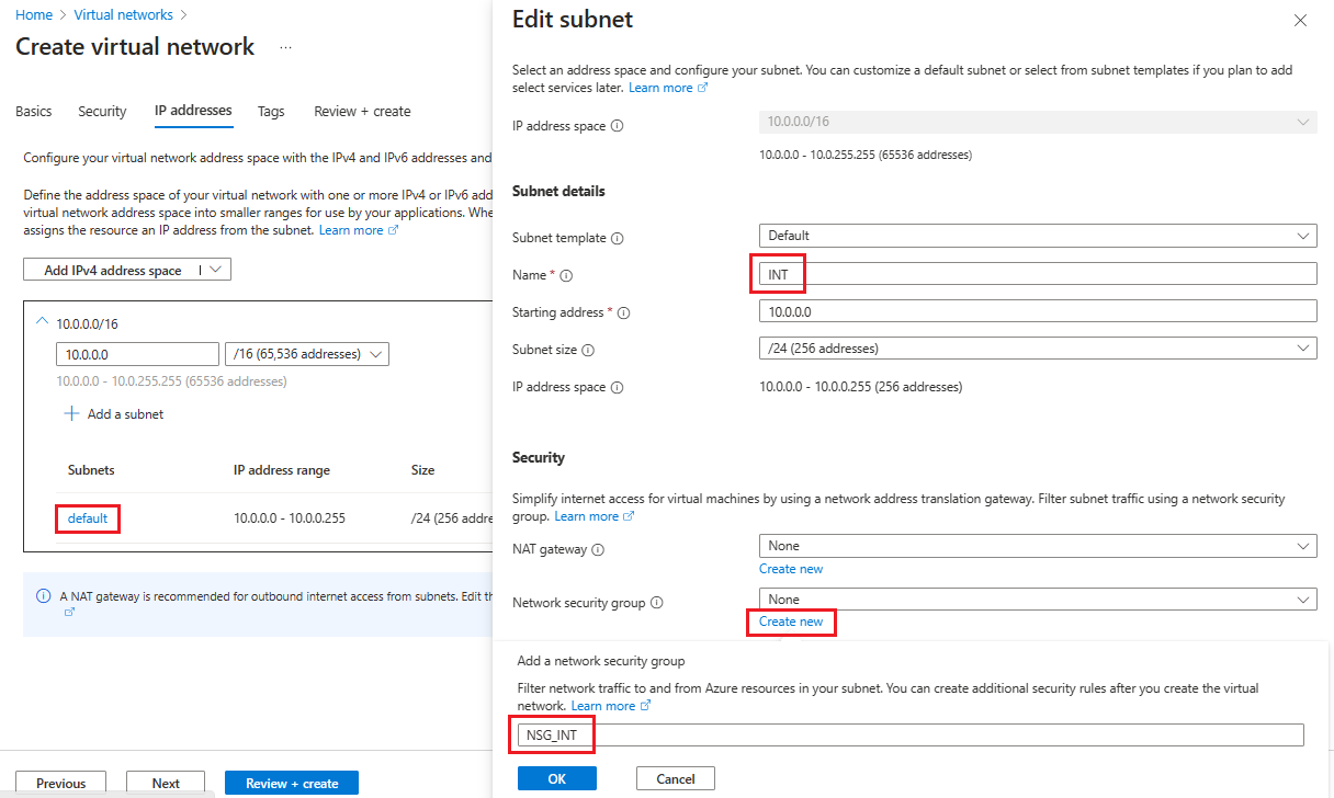 Screenshot che mostra come modificare una subnet e aggiungere un gruppo di sicurezza di rete interno.