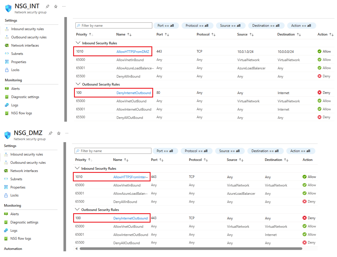 Screenshot che mostra i gruppi di sicurezza di rete dopo aver aggiunto le regole di sicurezza.