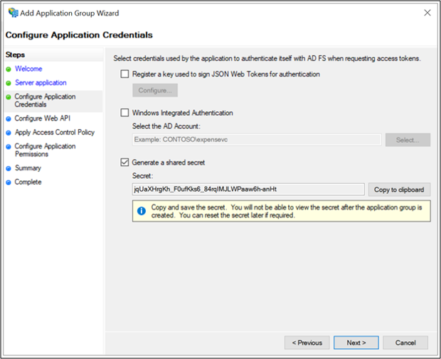 Screenshot della pagina Configura applicazione credenziali applicazione della Procedura guidata Aggiungi gruppo di applicazioni che mostra l'opzione Genera un segreto condiviso selezionata e il segreto condiviso generato popolato.