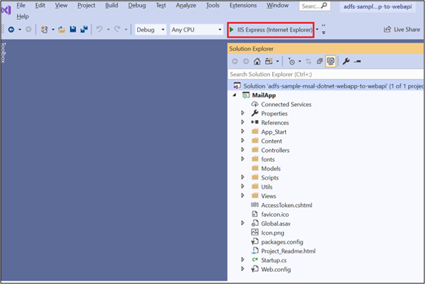 Screenshot dell'interfaccia utente di Visual Studio con l'opzione IIS Express (Internet Explorer) evidenziata.