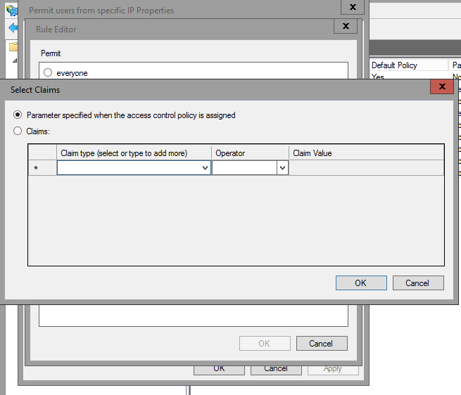 Screenshot che mostra l'opzione del parametro specificato quando viene assegnato il criterio di controllo di accesso.