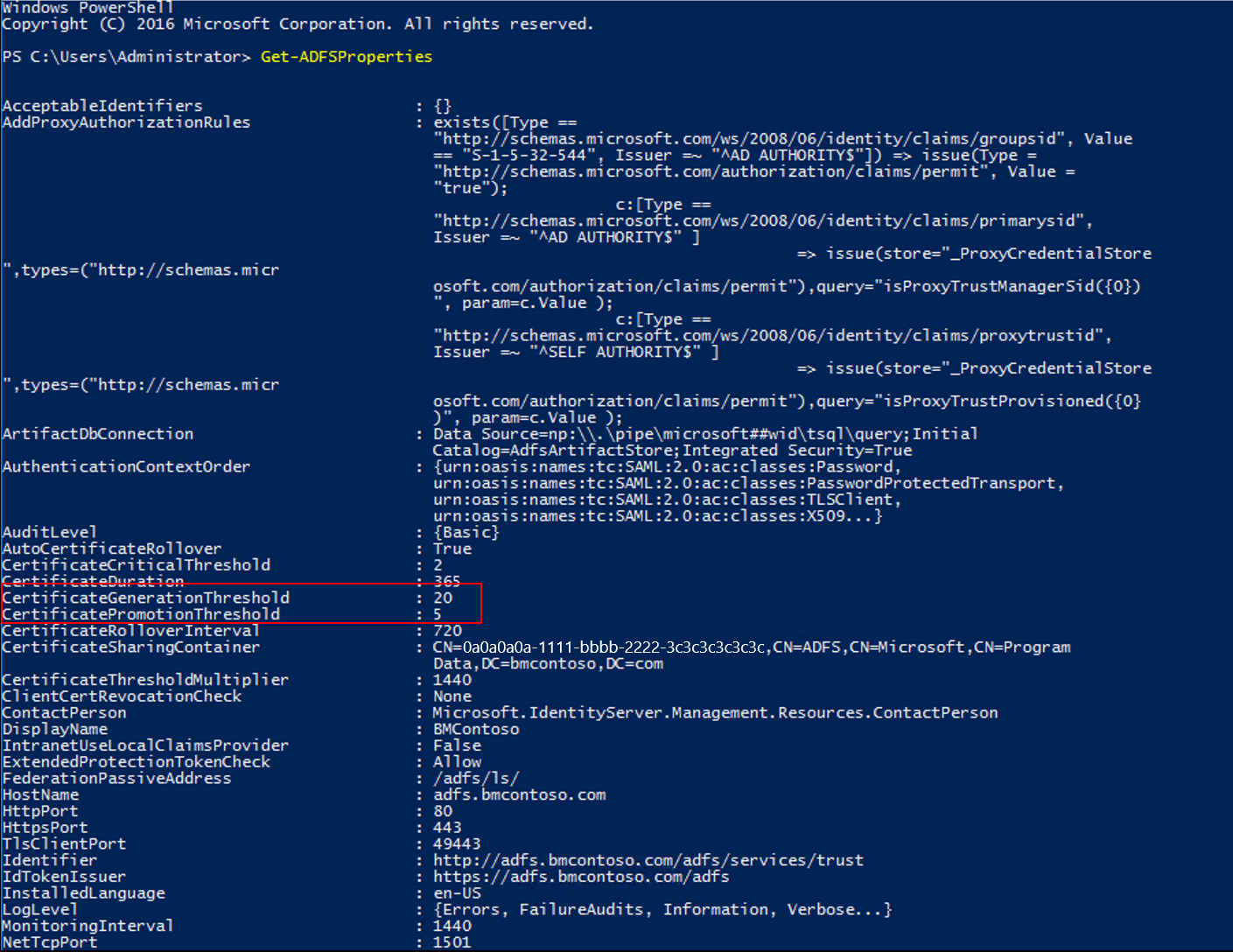 Screenshot della finestra di PowerShell che evidenzia i valori CertificateGenerationThreshold e CertificatePromotionThreshhold.