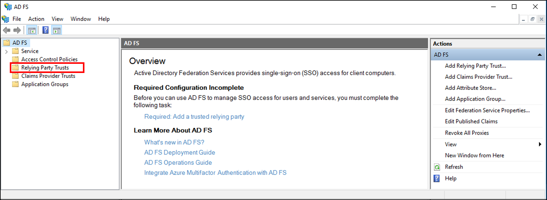 Screenshot that shows where to select Relying Party Trusts.