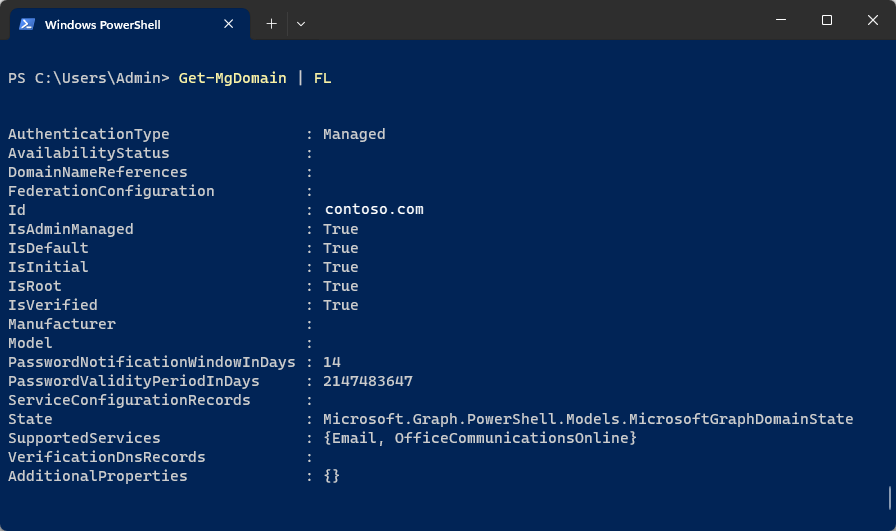 Screenshot of the PowerShell window showing the results of the Get-MgDomain command.