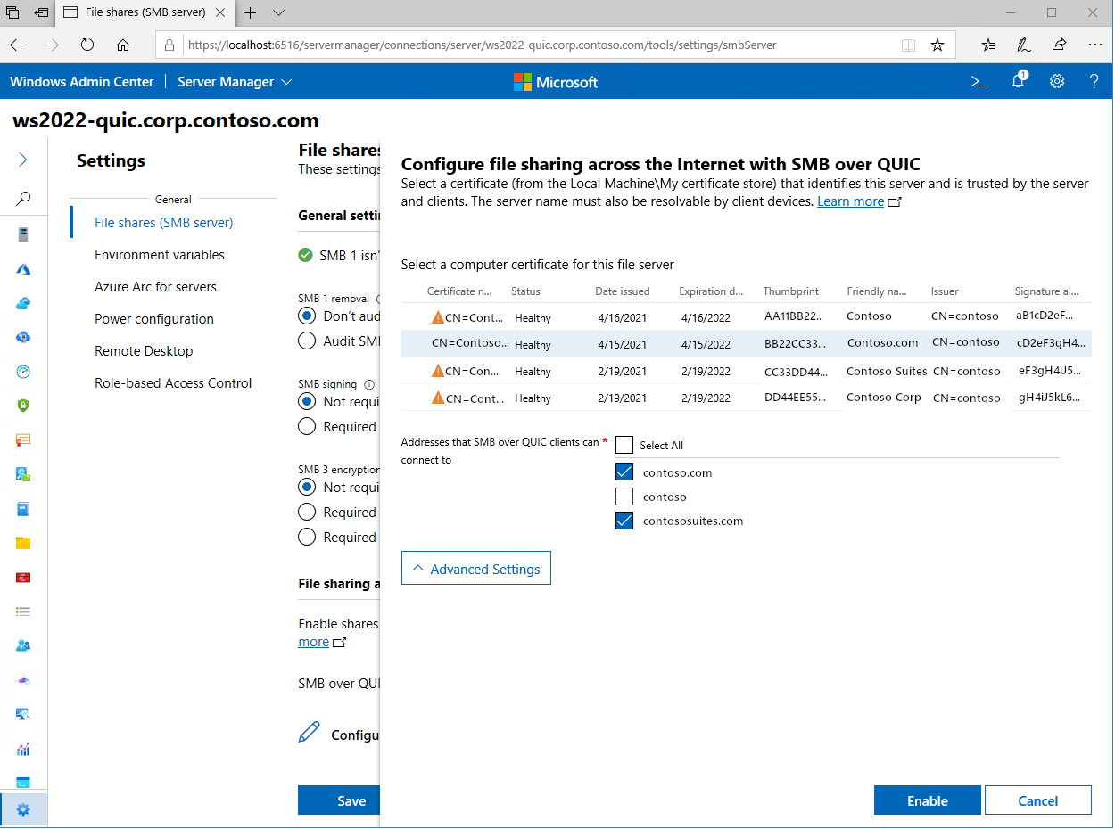 Immagine che mostra tutti i certificati disponibili per l'impostazione SMB su QUIC configurata in Windows Admin Center.