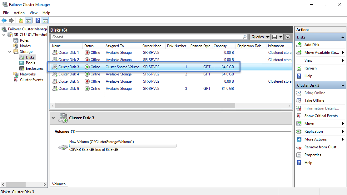 Schermata che mostra Gestione cluster di failover