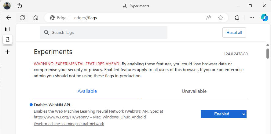 Immagine di WebNN abilitata nella versione beta di Edge