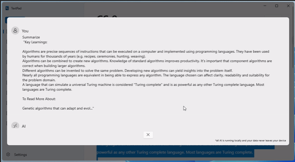 Screenshot dell'app di esempio note assistita dall'intelligenza artificiale che mostra un riepilogo creato dall'intelligenza artificiale.