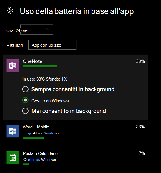 Utilizzo della batteria da parte dell'app su dispositivi mobili.