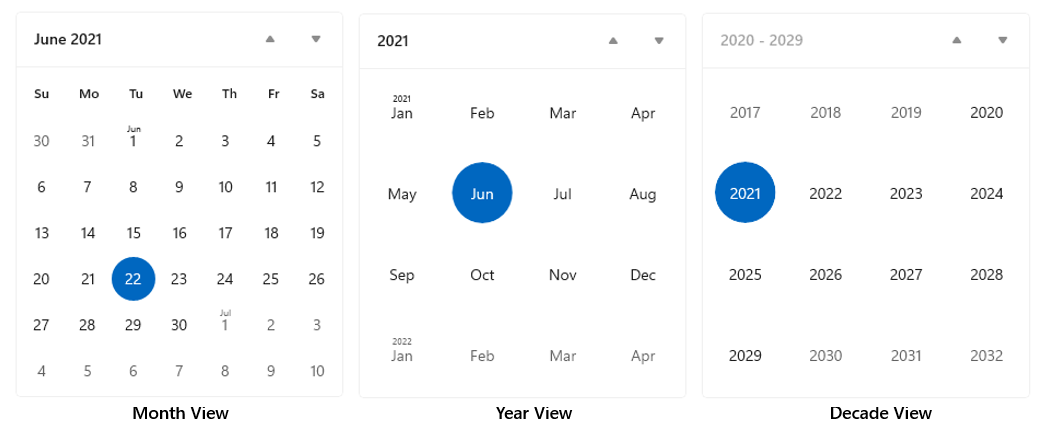 Screenshot di tre visualizzazioni del calendario che mostrano una visualizzazione per mese, una per anno e una per decennio.