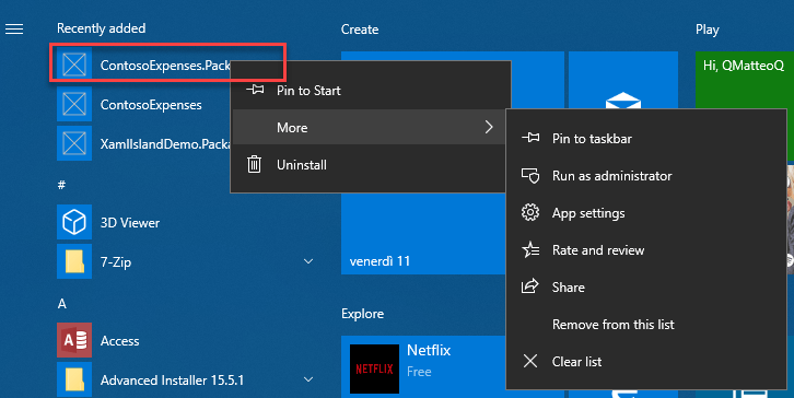 ContosoExpenses nel menu Start