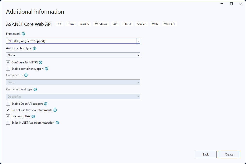 Screenshot dei dettagli della creazione di un nuovo progetto di Visual Studio per il progetto API Web di ASP.NET Core