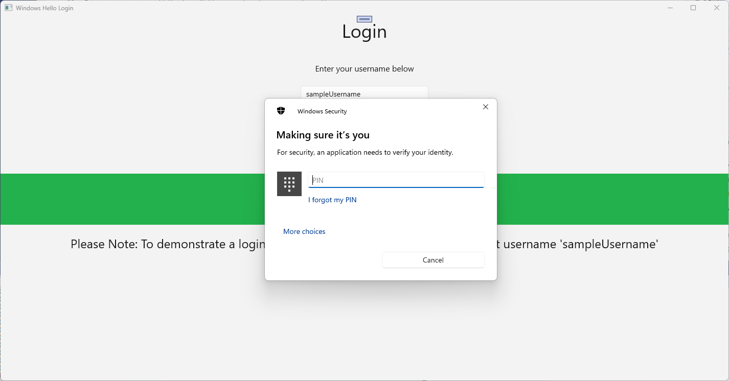 Screenshot del prompt del pin di accesso di Windows Hello