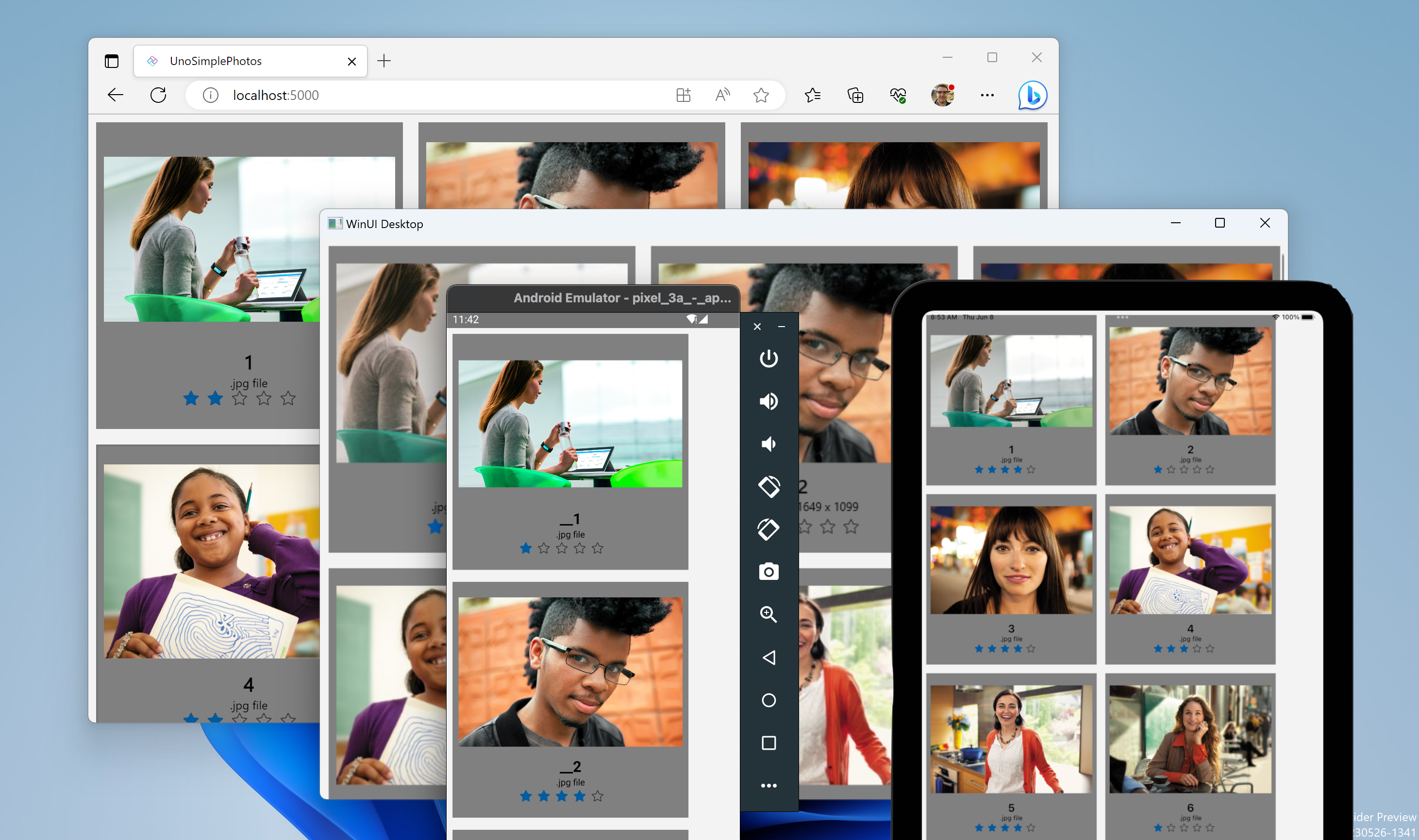 Screenshot dell'app UnoSimplePhoto destinata al desktop Web e WinUI.