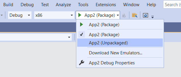 Visual Studio - Avviare l'elenco a discesa con il profilo di avvio non in pacchetto dell'applicazione C# evidenziato