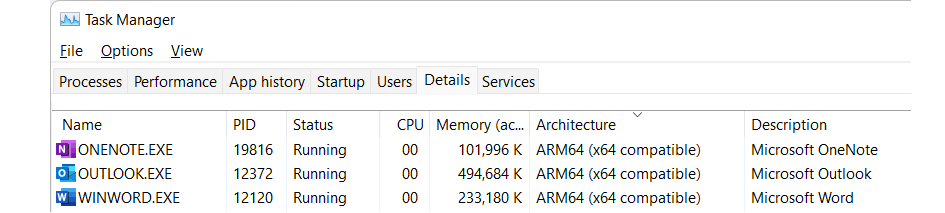 Screenshot di Gestione attività che mostra ARM64 (compatibile con x64) nei dettagli dell'architettura.