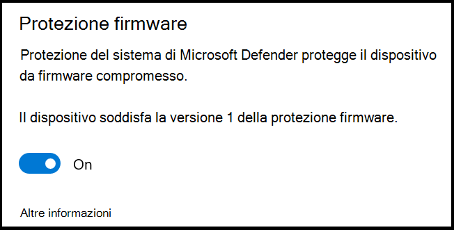 L'impostazione Protezione firmware Defender, con una descrizione di System Guard, protegge il dispositivo da firmware compromesso. L'impostazione è impostata su Off.