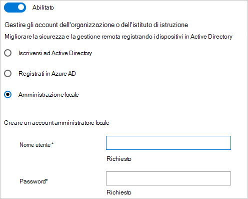 In Progettazione configurazione di Windows aggiungere Active Directory, Microsoft Entra ID o creare un account amministratore locale.