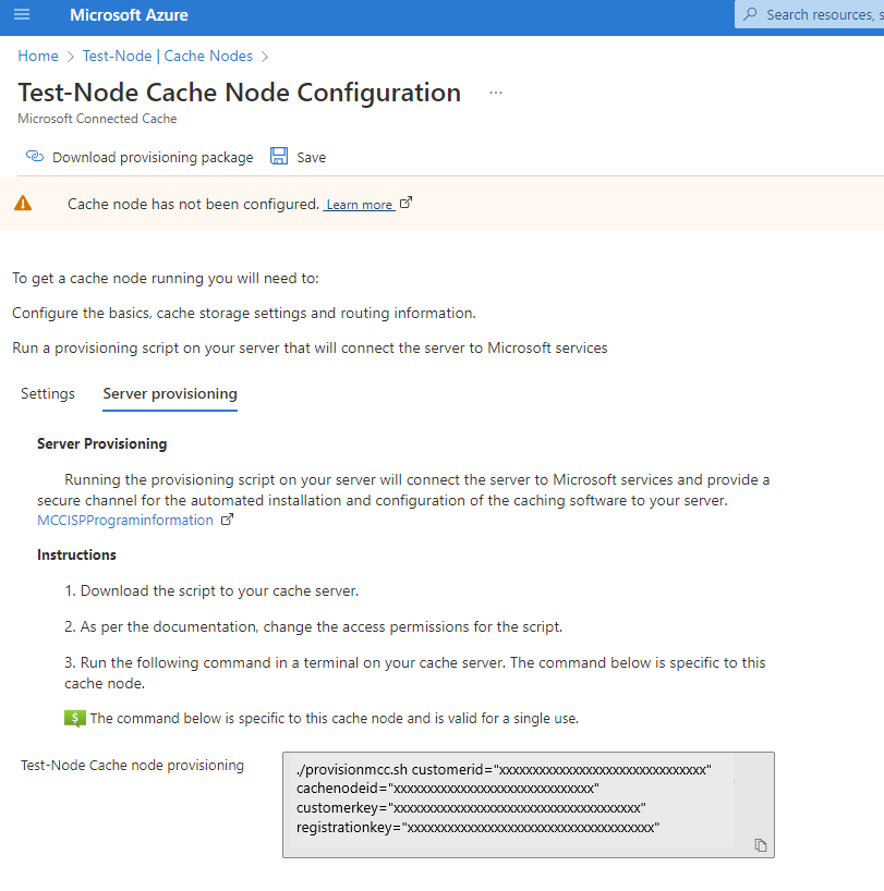 Screenshot della scheda provisioning del server all'interno della configurazione del nodo della cache in portale di Azure.