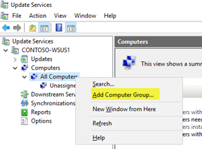 Aggiungere un gruppo di computer nell'interfaccia utente di amministrazione di WSUS.