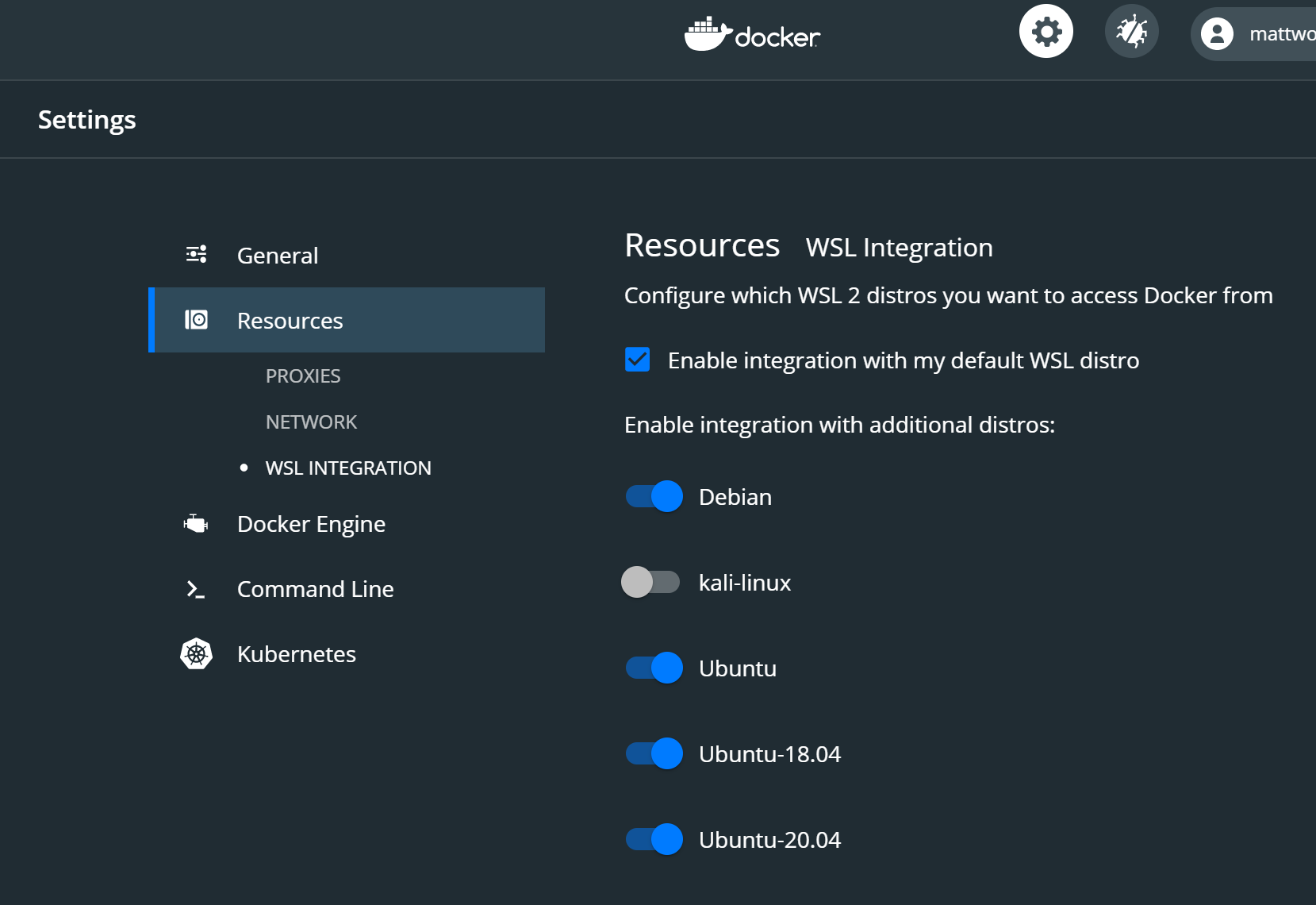 Screenshot del menu di WSL2 per Docker Desktop