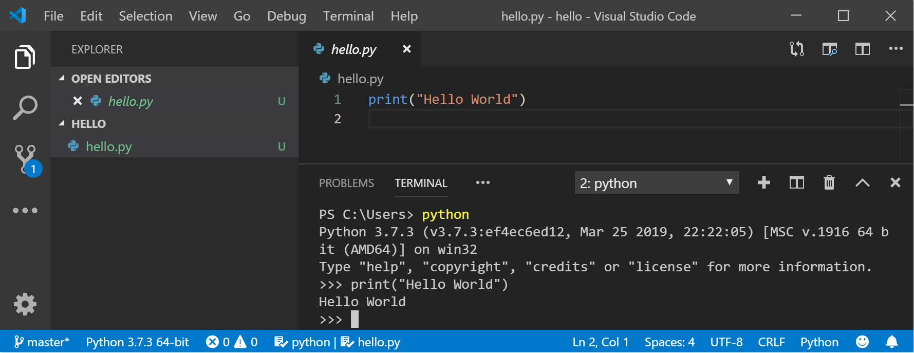 Riga di comando di Python in VS Code