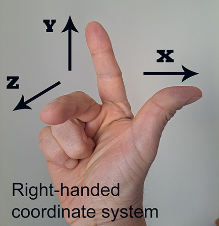 Immagine della mano destra di una persona che dimostra il sistema di coordinate destrorso