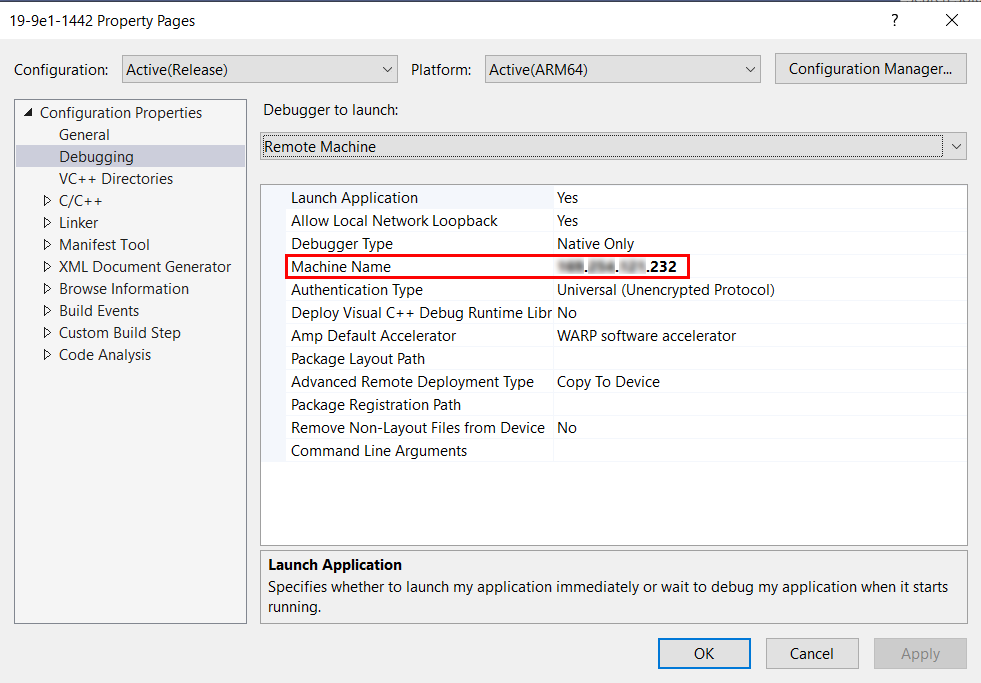 Finestra di dialogo Connessione remota in Visual Studio